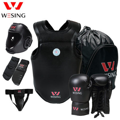 Wesing Sanda Martial Arts 6 Pcs Protective Gears Sets Head Guard Boxing Gloves Groin Chest Guard Instep Pads Men Women Large 2XL